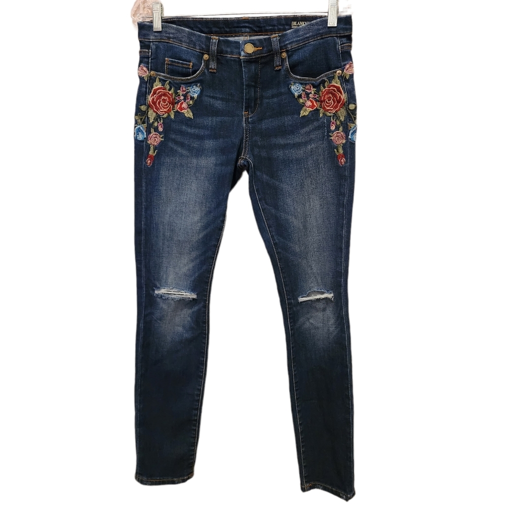 Blank NYC Dark Wash Floral Embroidered Busted Knee Skinny Leg Jeans Size 28 - Picture 5 of 11